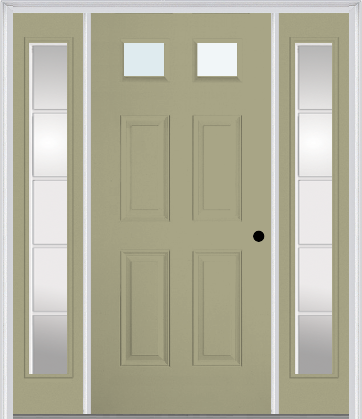 MMI 2-1/4 LITE 4 PANEL 3'0" X 6'8" FIBERGLASS SMOOTH EXTERIOR PREHUNG DOOR WITH 2 FULL LITE SDL GRILLES GLASS SIDELIGHTS 23